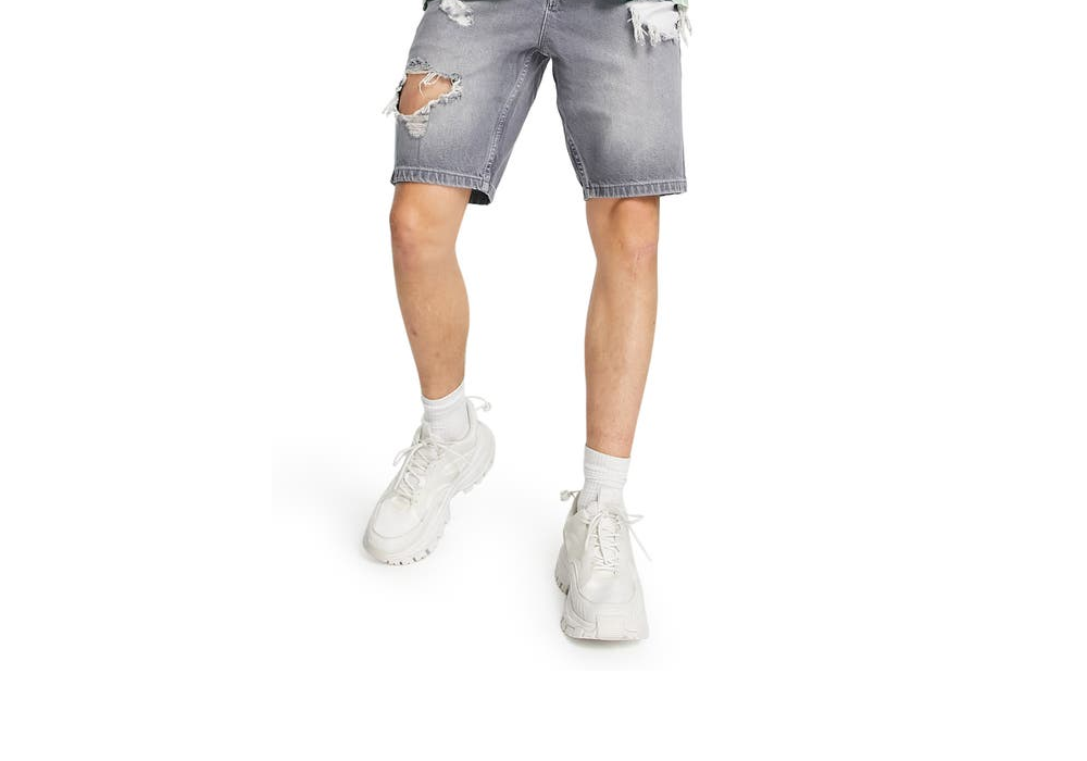 ASOS डिज़ाइन पुरुषों के ग्रे डिस्ट्रेस्ड स्लिम डेनिम शॉर्ट्स साइज़ 30