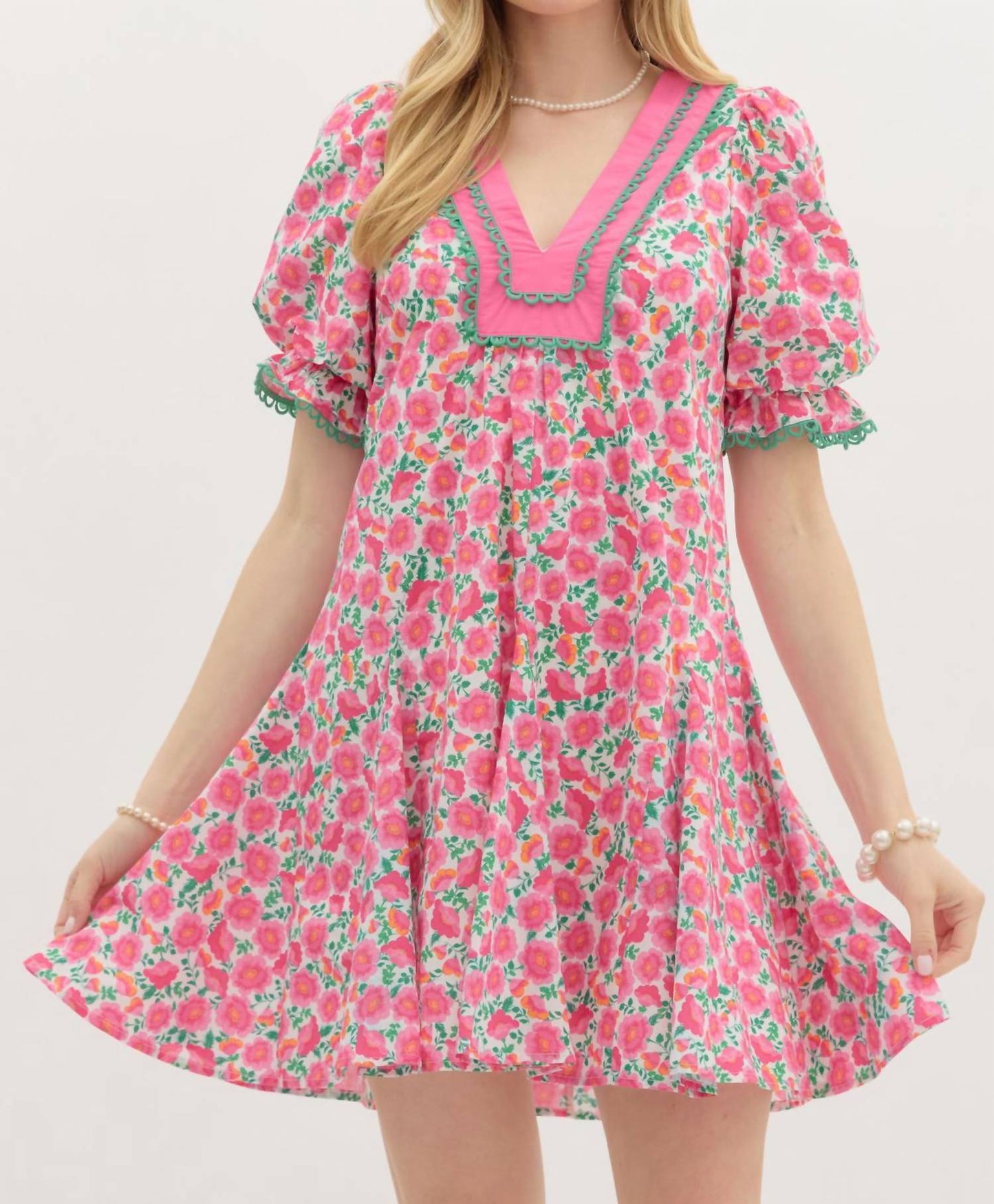 Entro - Floral Mini Dress with detail on sleeve and yoke