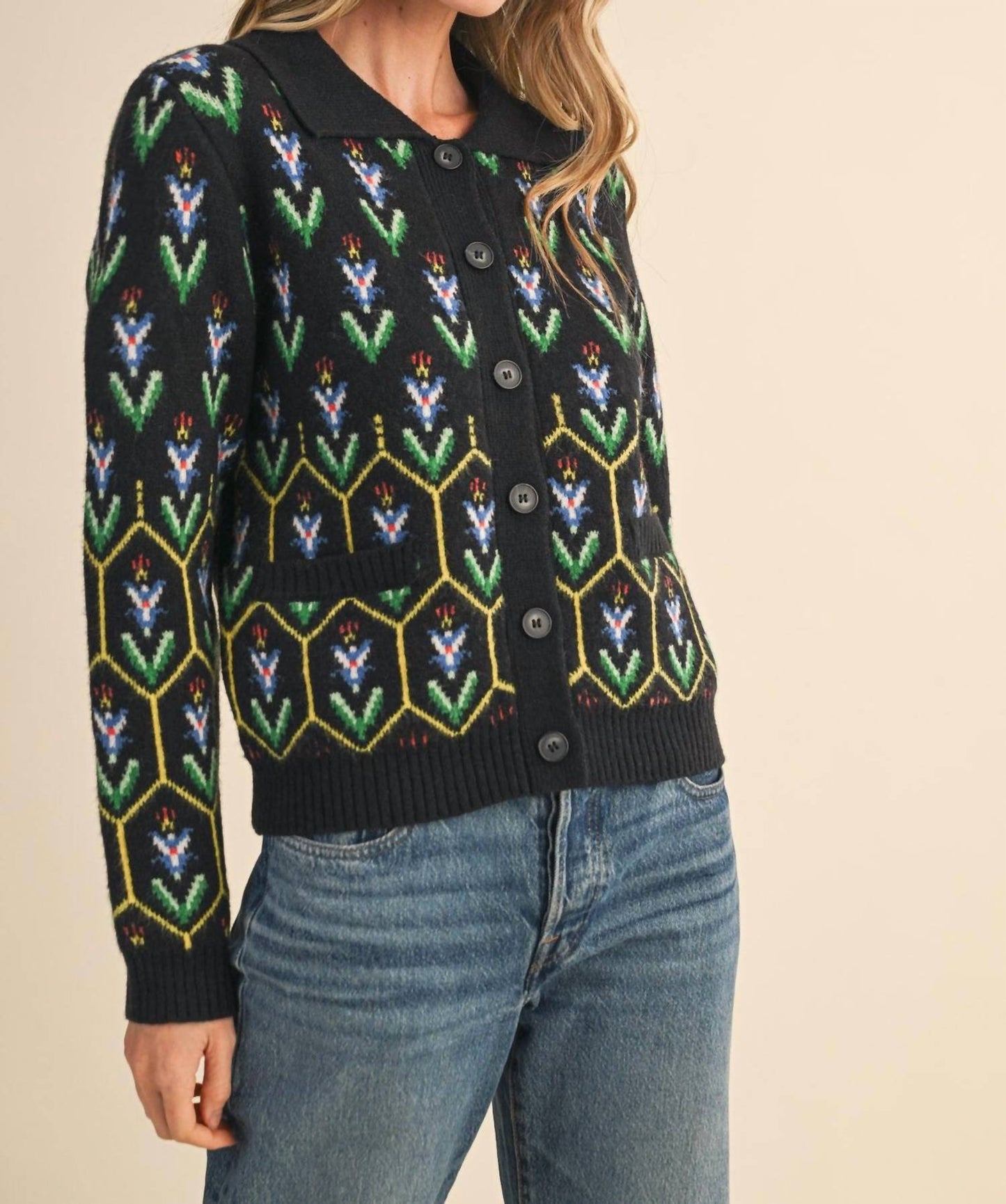 &Merci - Floral Knit Collared Sweater Cardigan