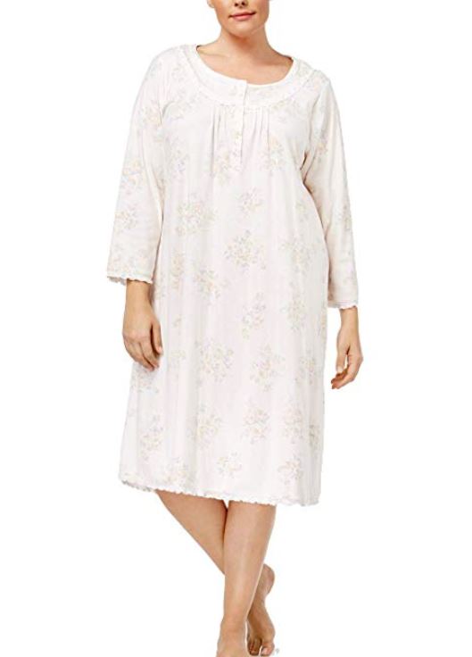 Miss Elaine Women's Plus Size Knit Ruffled-Trim Nightgown Neutral Floral Size 2-Extra Large