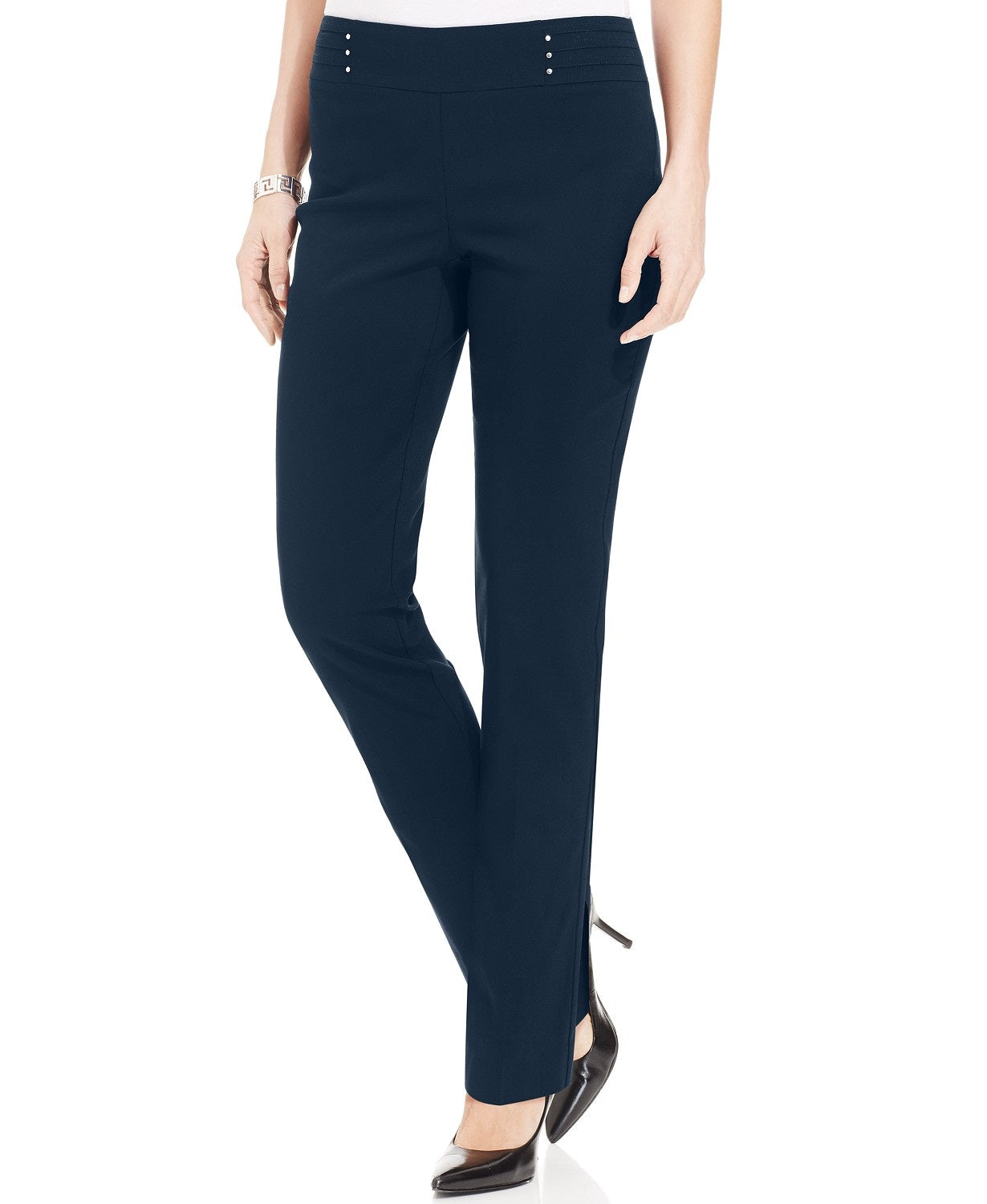 JM Collection Women's Petites Studded Pull On Pants Navy Size Medium Short