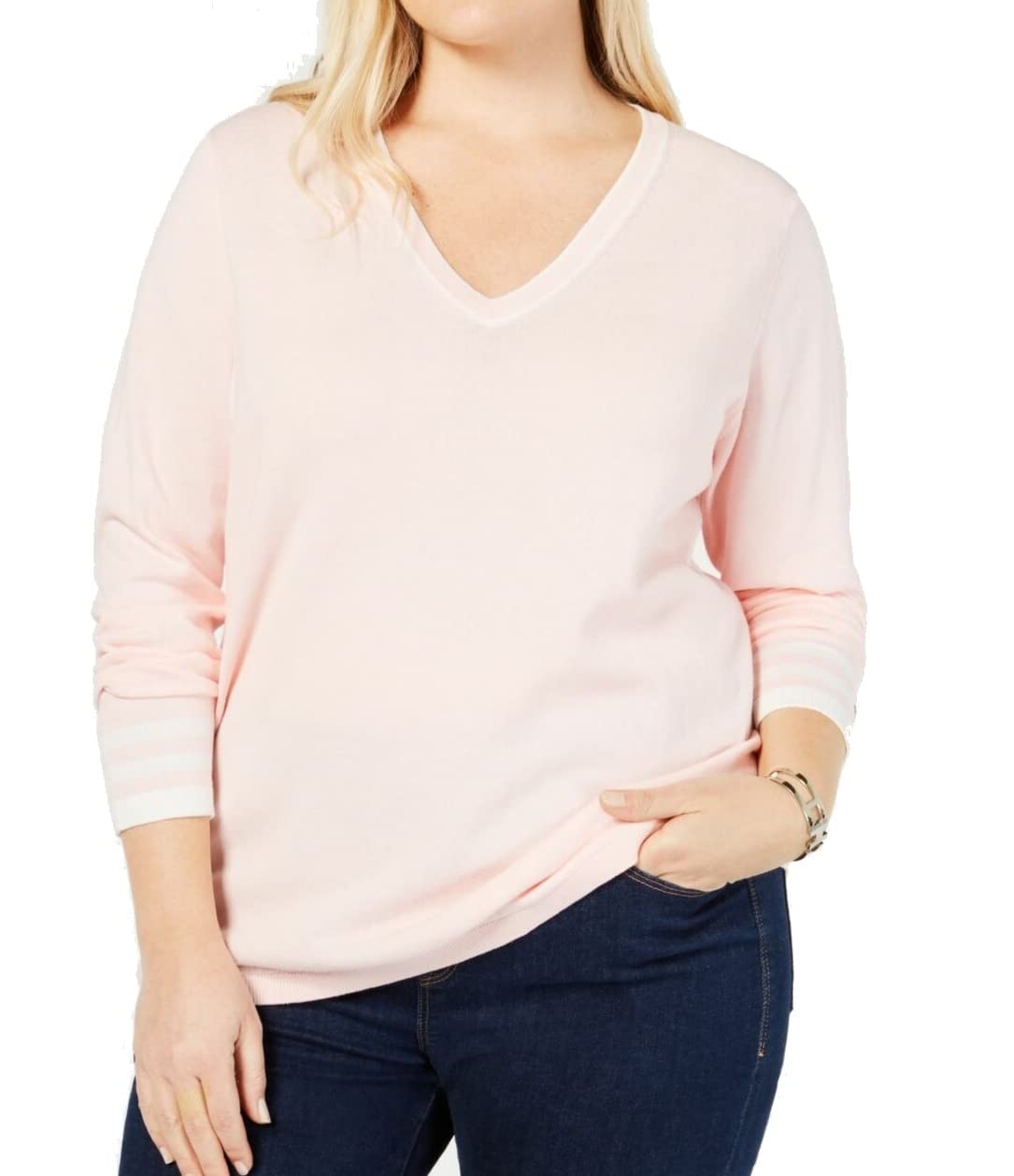 Tommy Hilfiger Women's Plus Size Cotton V-Neck Sweater (0X, Soft Pink)