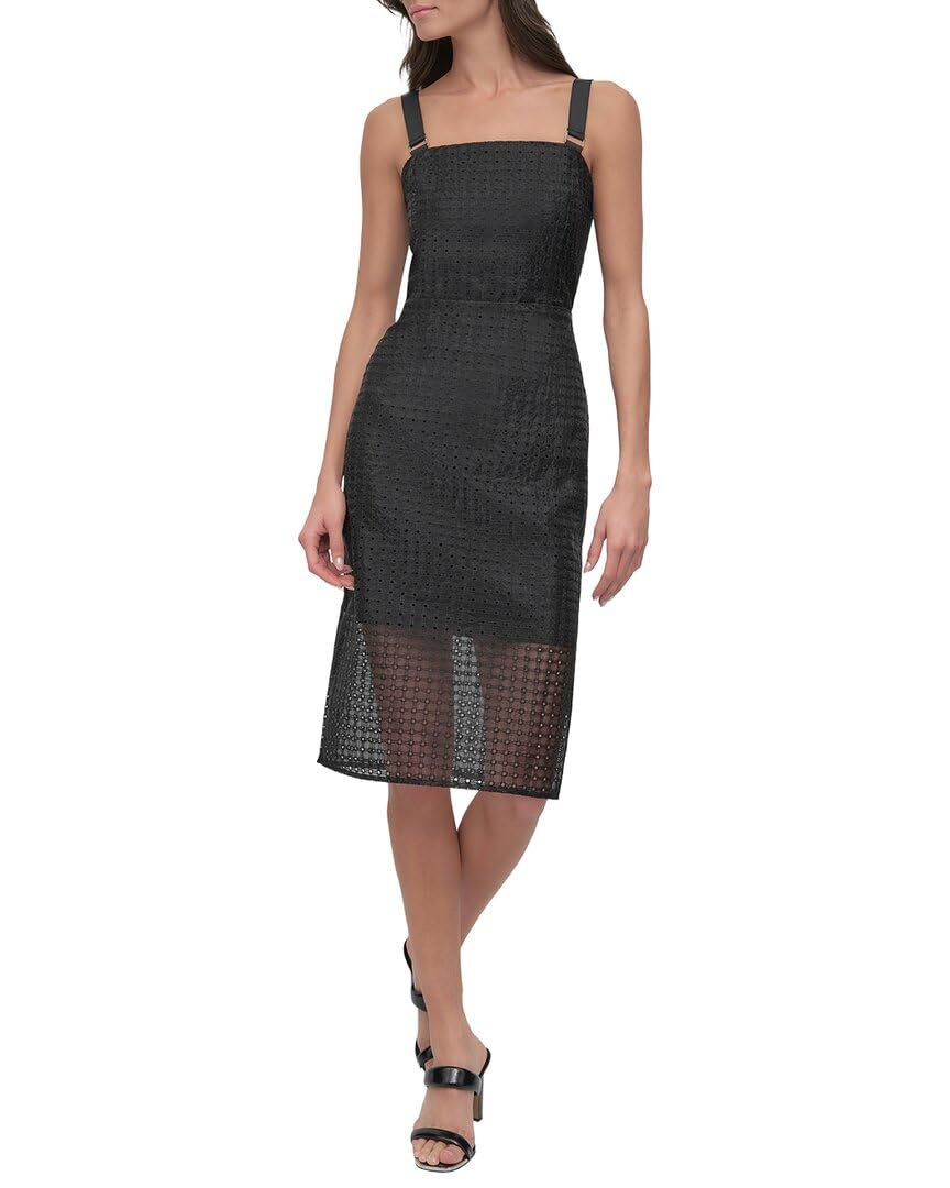 DKNY Womens Circle Organza Eyelet Midi Dress Black