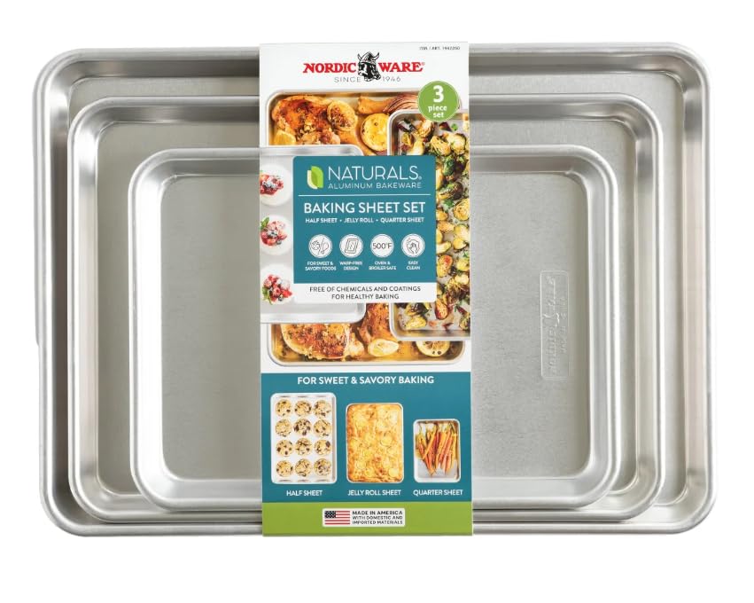 Nordic Ware Naturals 3Piece Baking Sheet Set  CommercialGrade Aluminum Sheet Pans RustResistant Durable Bakeware for Cookies Roasting  Everyday Cooking