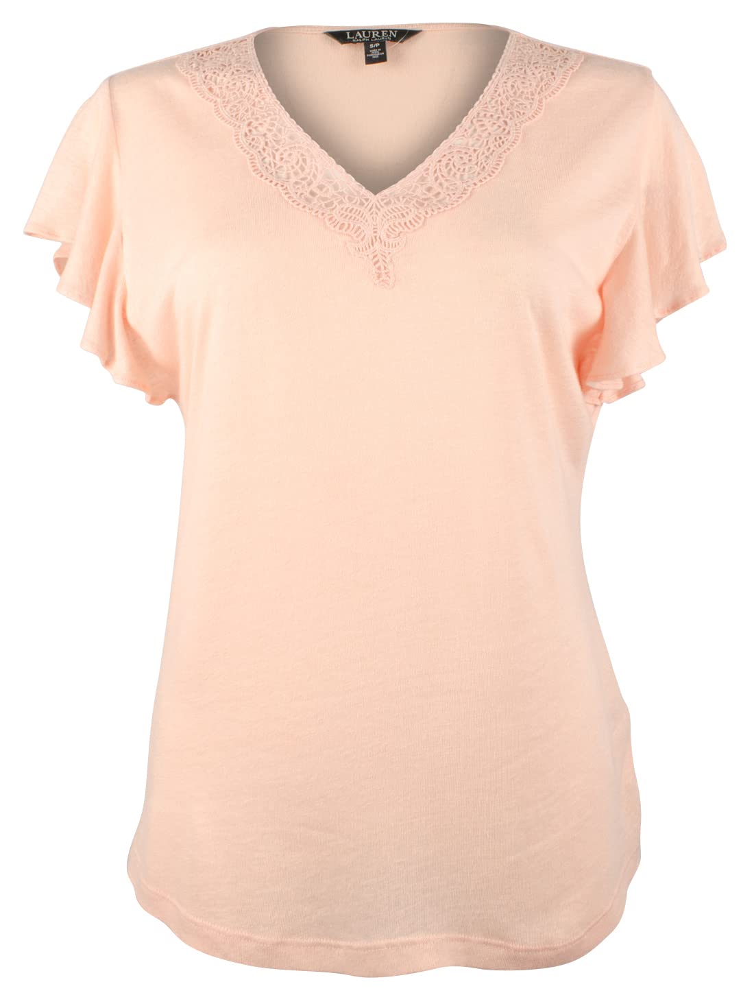 Lauren Ralph Lauren Womens Lace Trim Flutter Sleeves T-Shirt