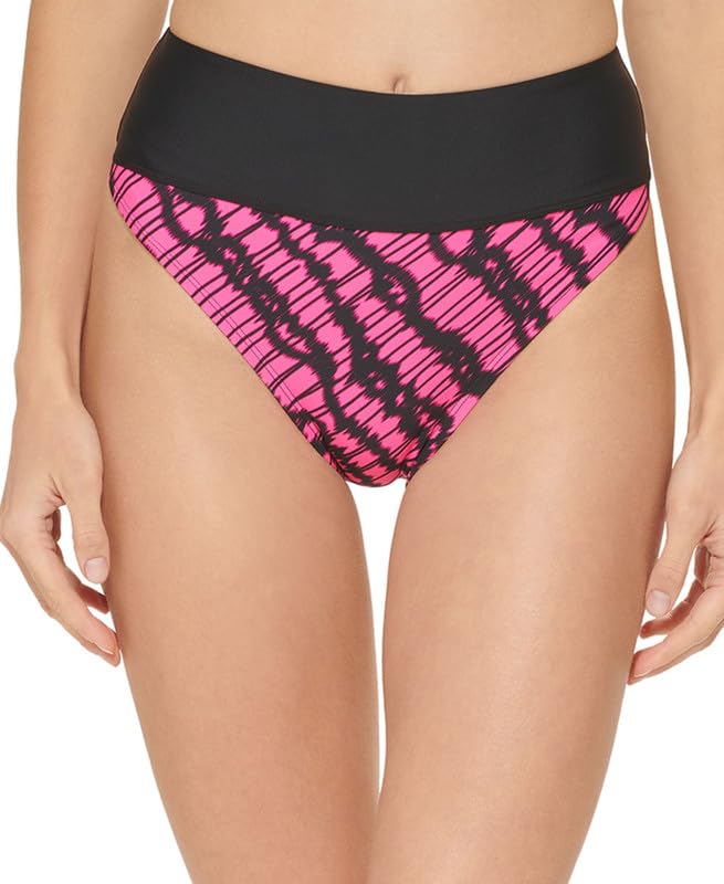 DKNY Women's Printed High-Waist Bikini Bottoms (Neon Pink, Medium)