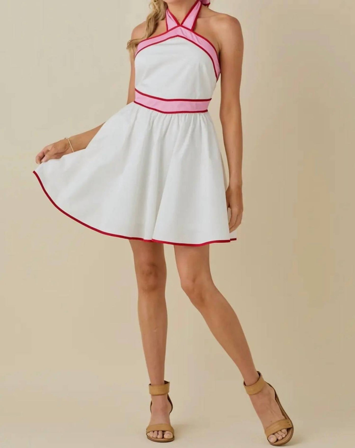 Baby Pink - Colorblock Strap Design Halter Neck Mini Dress