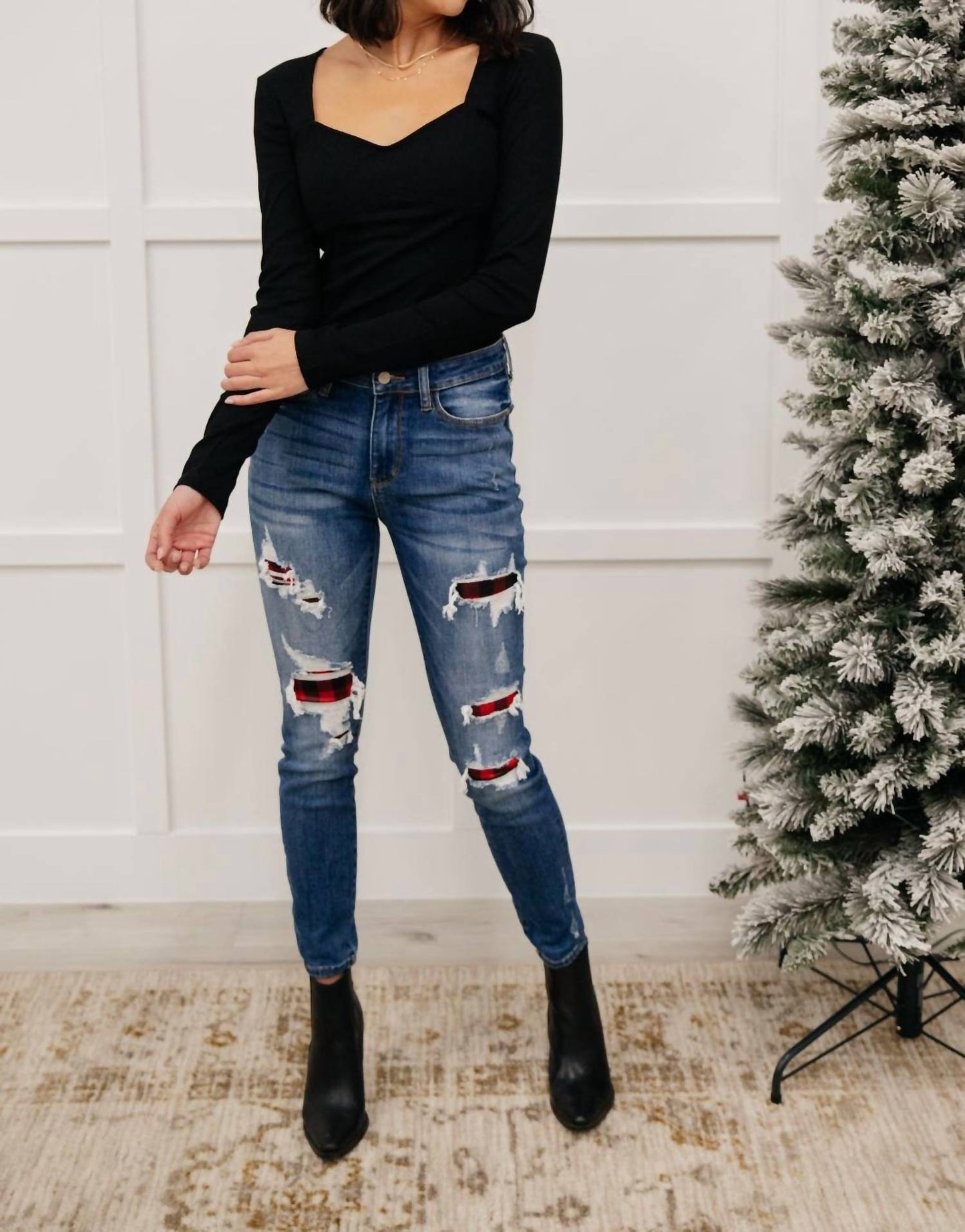 Judy Blue - Buffalo Plaid Peek-A-Boo Skinny Jeans