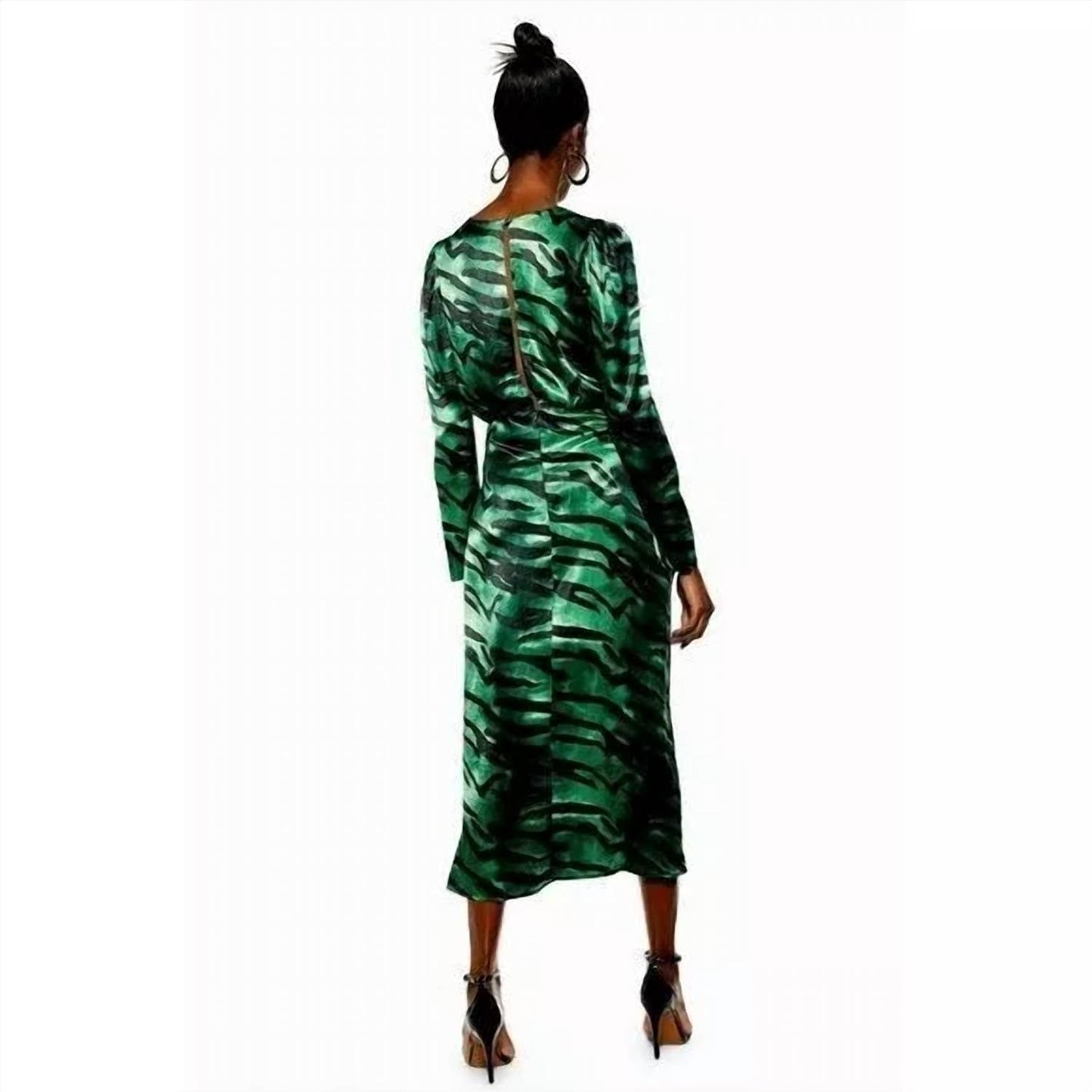 Topshop - Zebra Print Ruched Puff Sleeve Satin Midi Dress