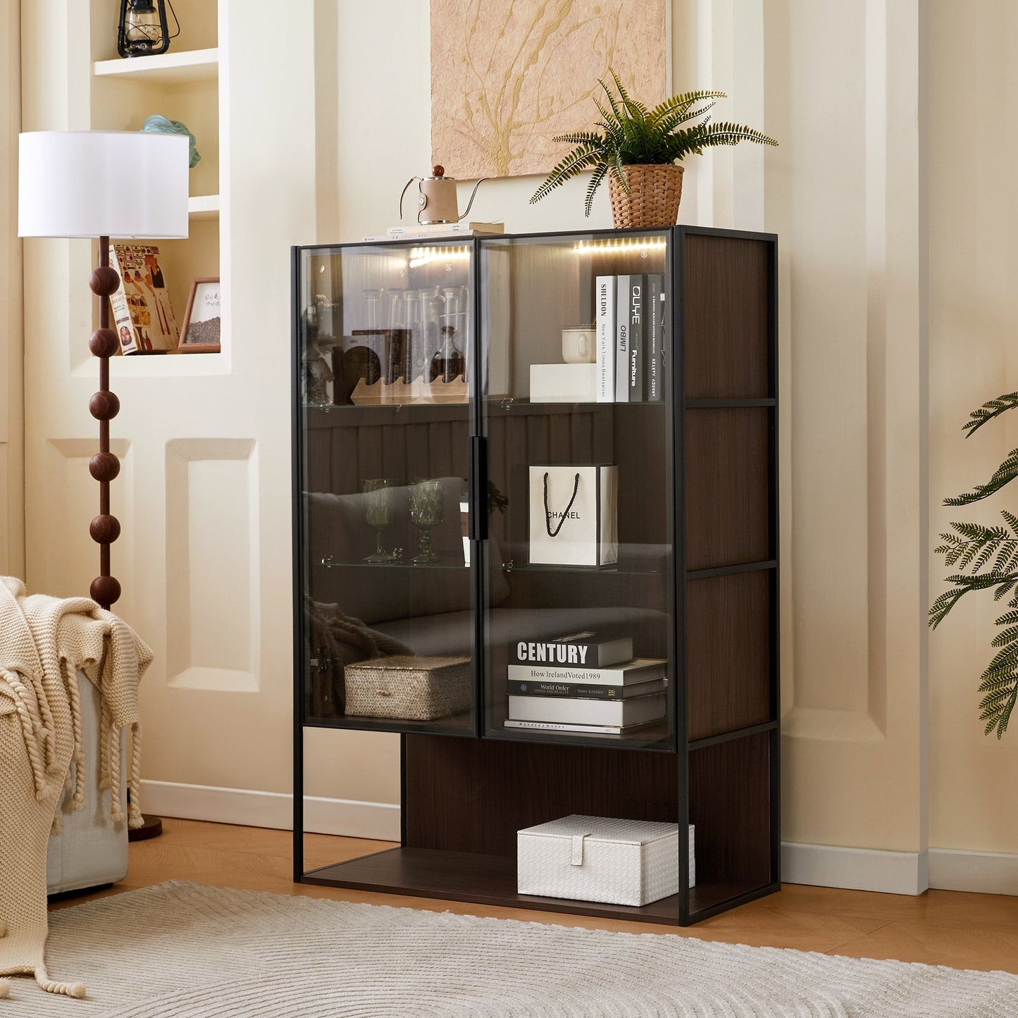 Modern Minimalist 51.2" Tall Lighted Display Cabinet with Tempered Glass