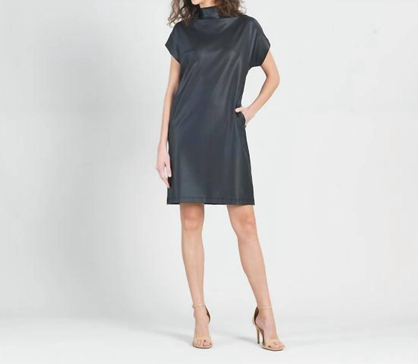 Clara Sun Woo - Liquid Leather Cap Sleeve High Neck Dress w/pockets