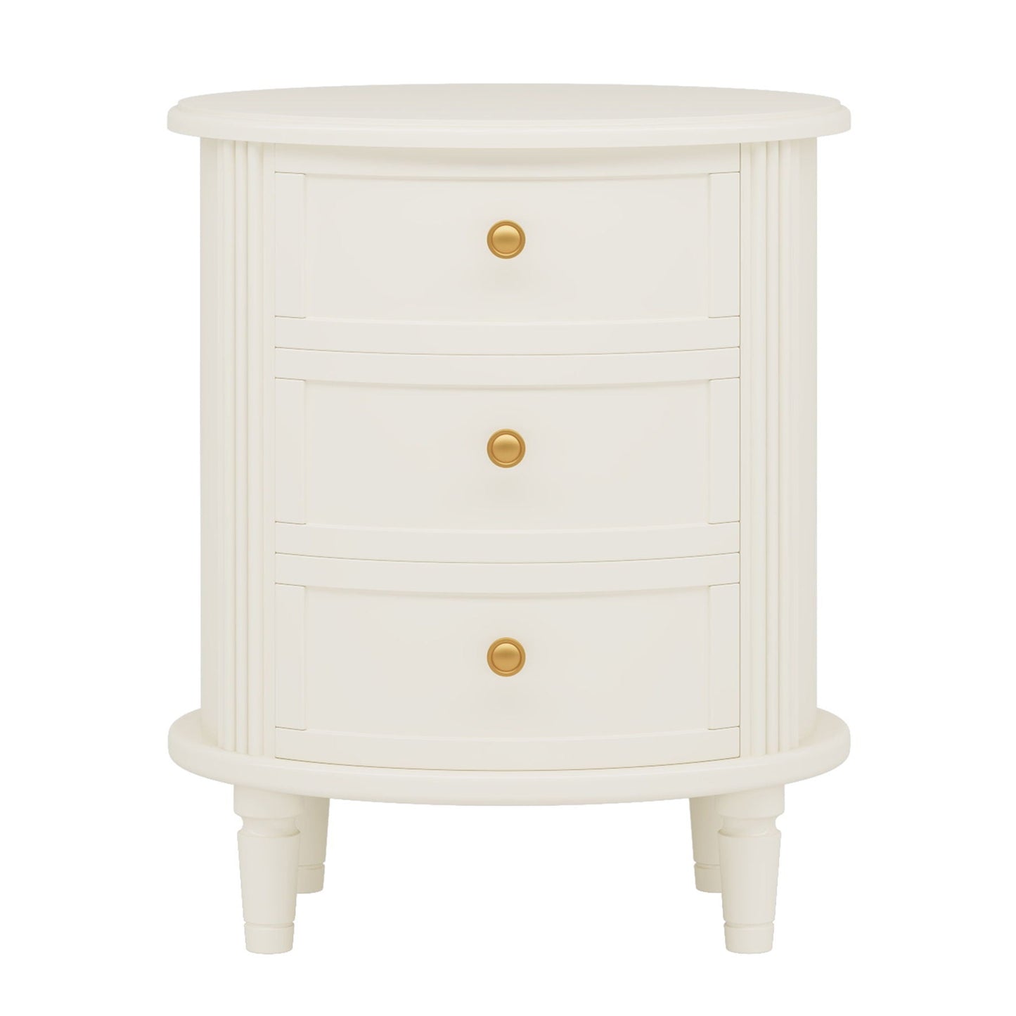 Oval Nightstand With 3 Drawers, Bedside Table - White