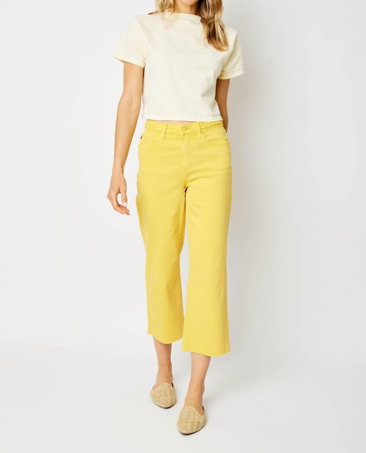 Judy Blue - High Waist Braided Waistband Wide Leg Crop Denim Jeans