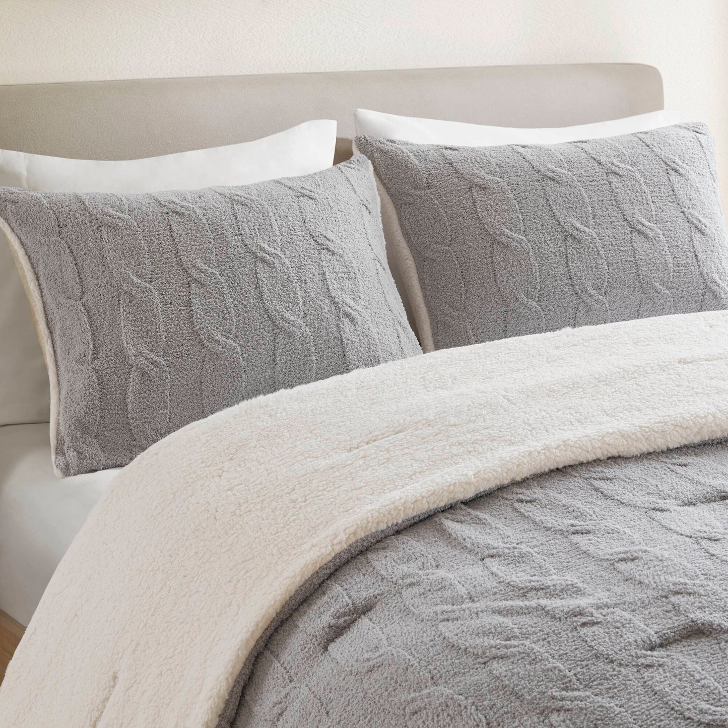 3 Pieces Full/Queen Cable Knit Chenille Comforter Set Gray