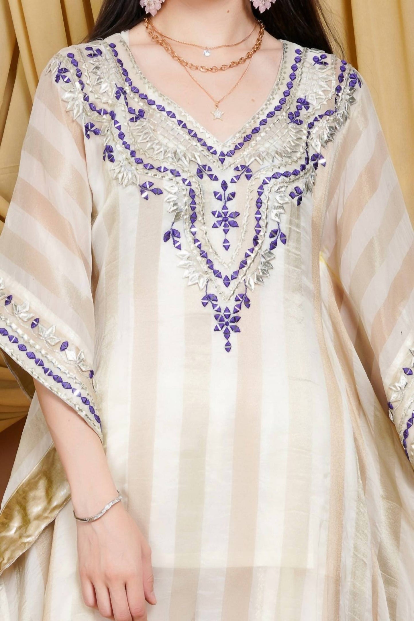 Zaalima Fashion - Striped Organza Kaftan Suit With Mirror Work And Tassel Accents