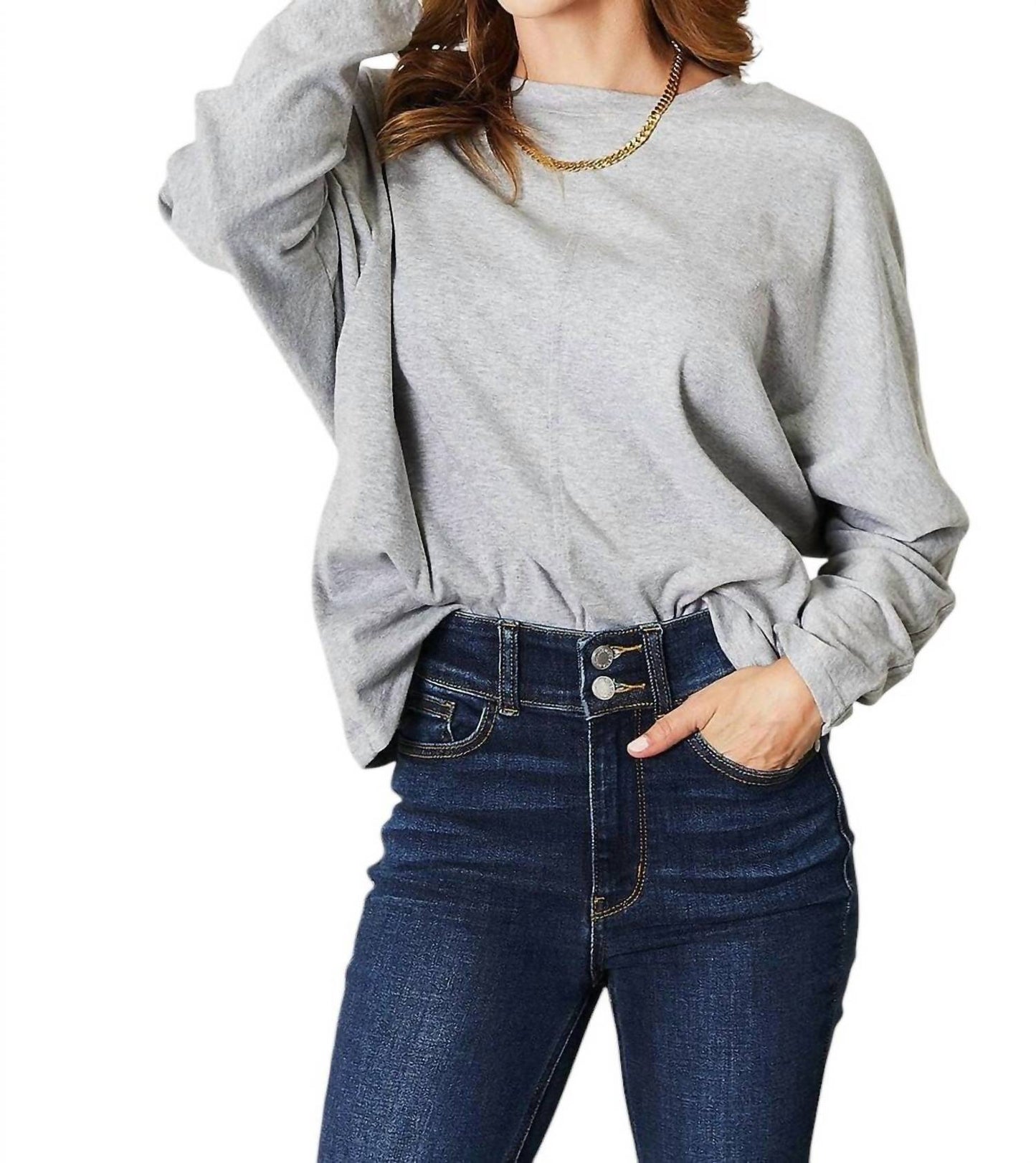 Double Take - Seam Detail Round Neck Top with Sheer Sleeves