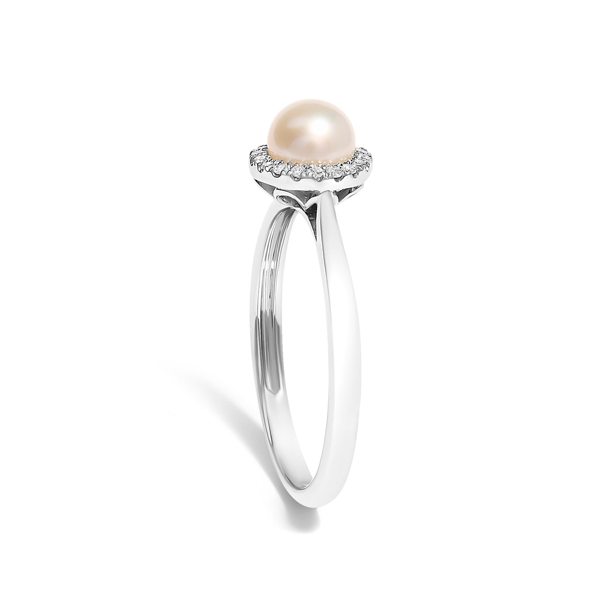 10K White Gold 5MM Cultured Freshwater Pearl  and Diamond Halo Ring (I-J Color, I1-I2 Clarity) - Ring Size 6.5