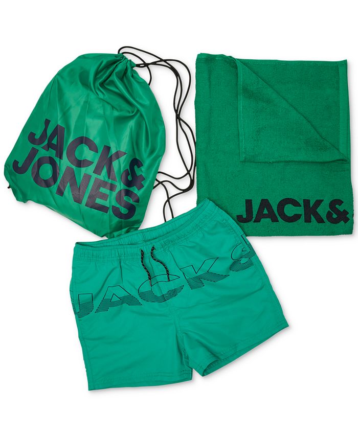 Jack & Jones Men's 3 Pc Swim Trunks Towel & Drawstring Beach Bag Set Green Size Medium