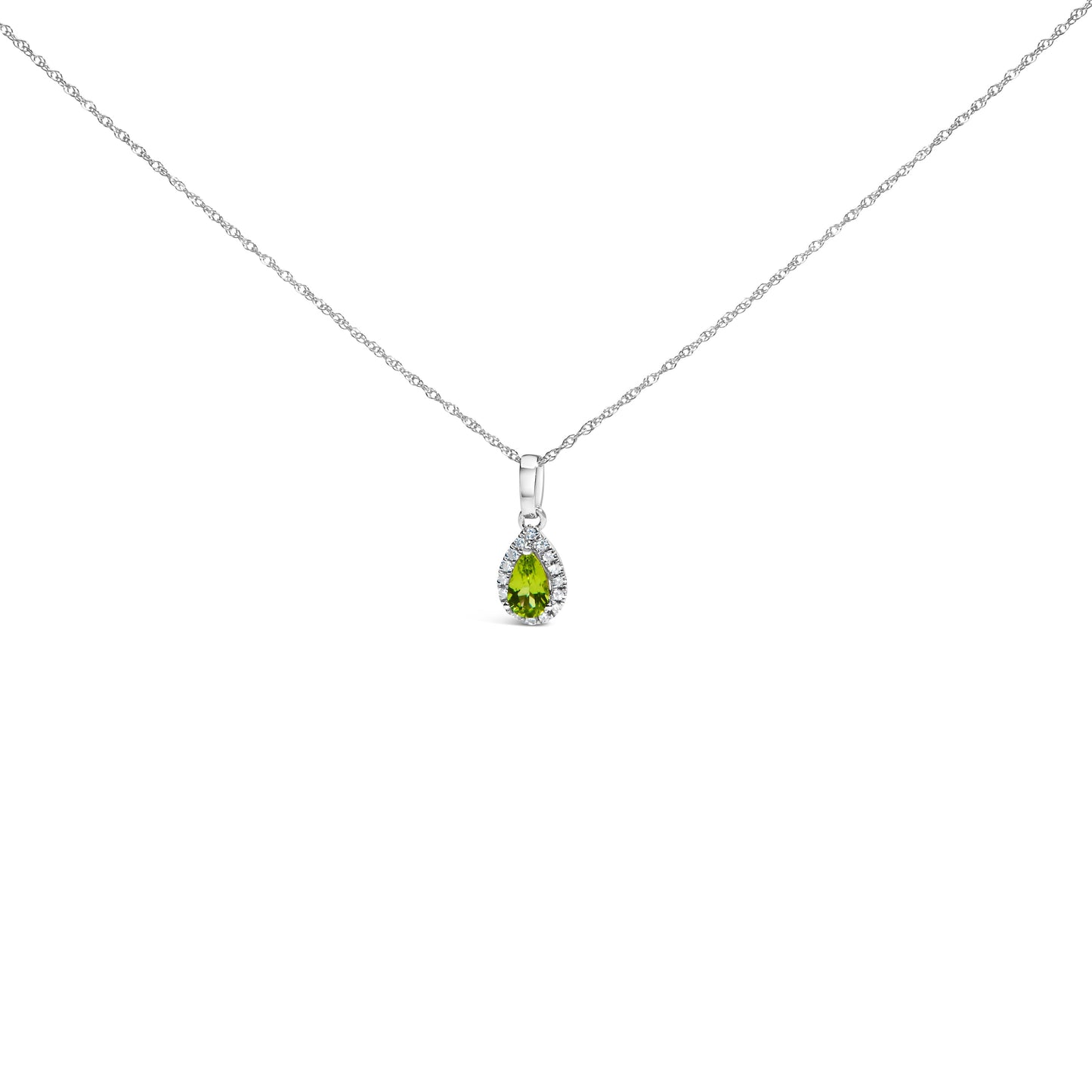 10K व्हाइट गोल्ड 5x3mm ग्रीन एमराल्ड और डायमंड एक्सेंट हैलो पीयर शेप 18" पेंडेंट नेकलेस (I-J कलर, I1-I2 क्लैरिटी)