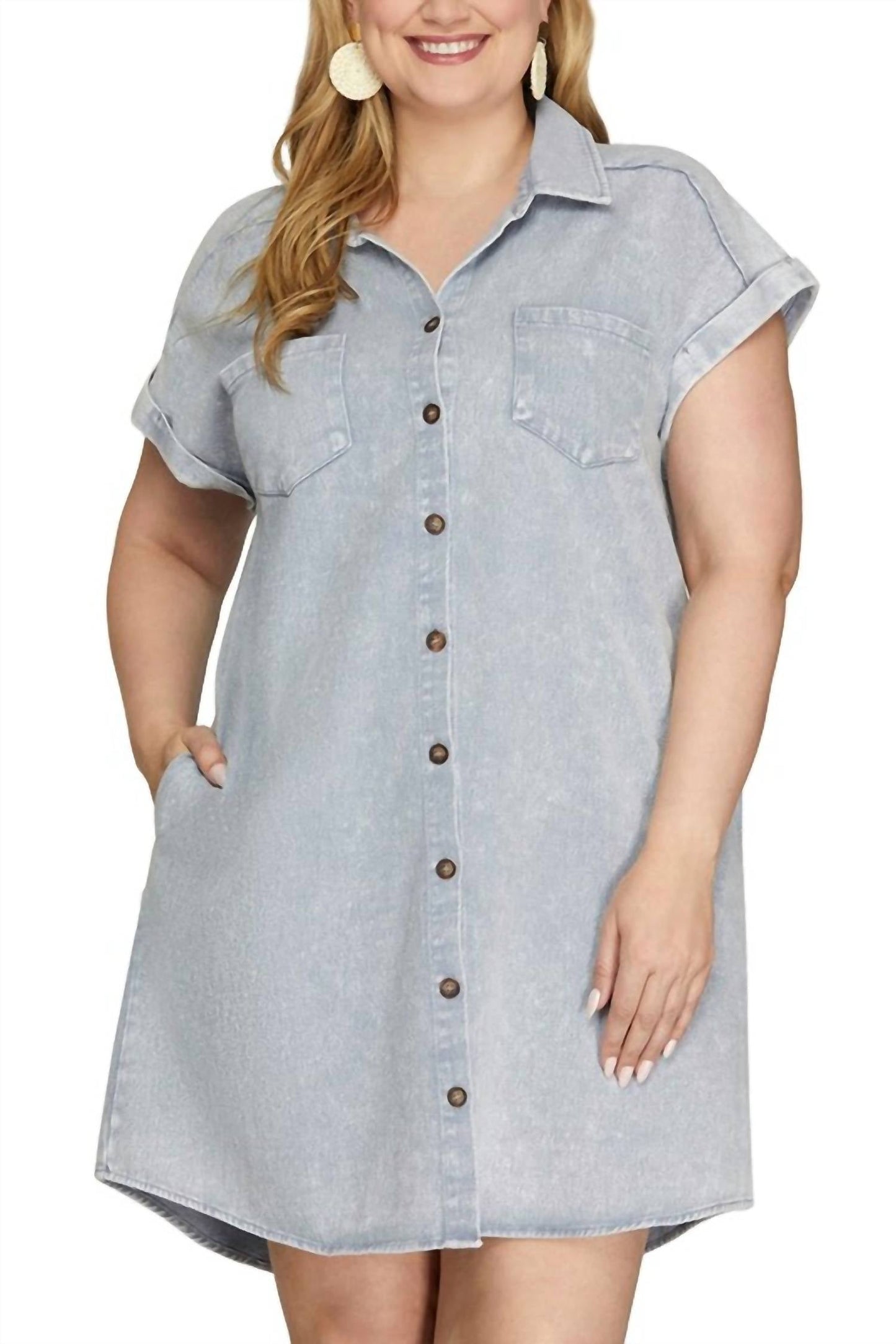 Trendsi - She + Sky Full Size Folded Cuff Button Down Washed Twill Shirt Dress Plus Size