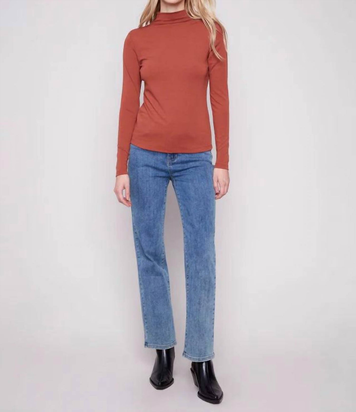 Charlie B - Long Sleeve Mock Neck Fine Rib Top
