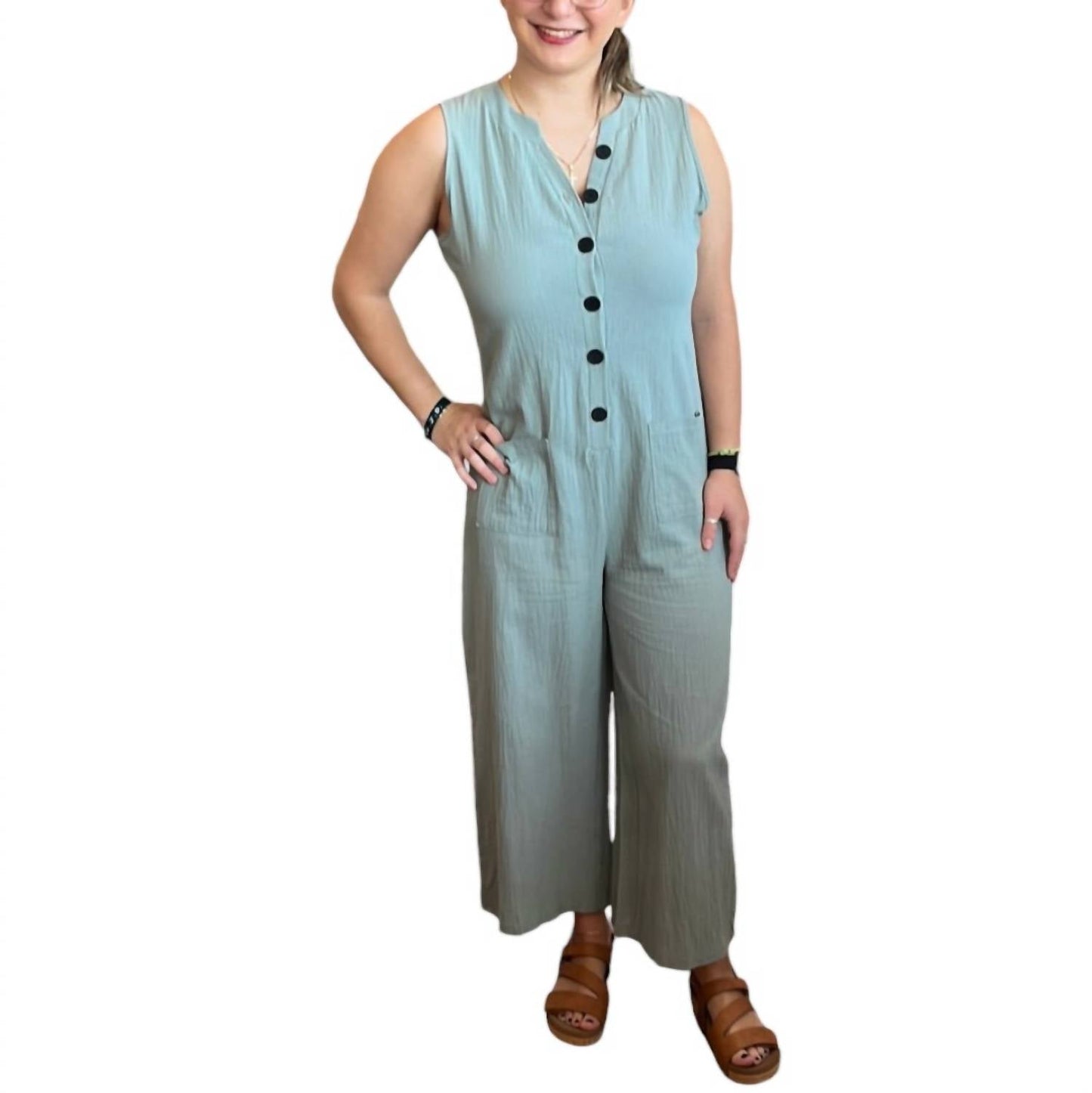Ninexis - V-Neck Sleeveless Wide Leg Jumpsuit