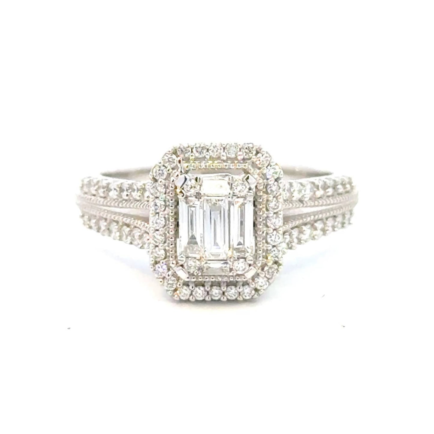 Aamiaa - 0.66 Carat Natural Diamond Emerald Cut Double Halo Engagement Ring