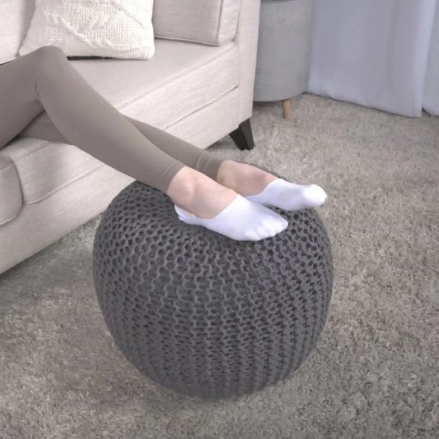 Bordeaux Knitted Cotton Round Pouf - Versatile Ottoman and Floor Cushion