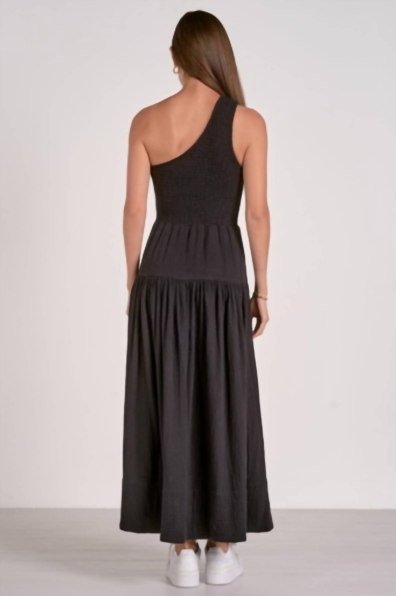 Elan - Black Gauze One-strap Smocked Dress