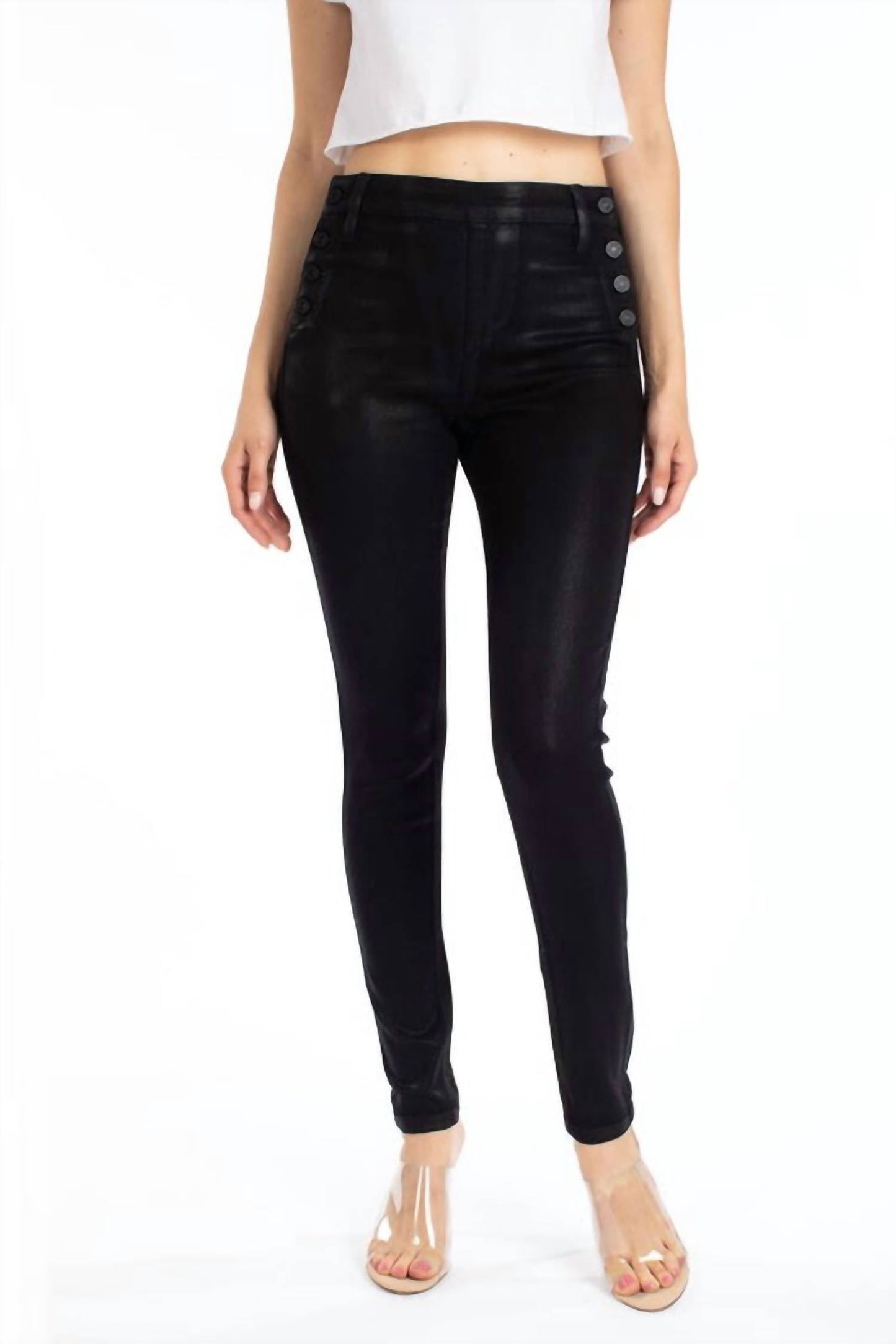 Kancan - High Rise Faux Leather Button Jeans