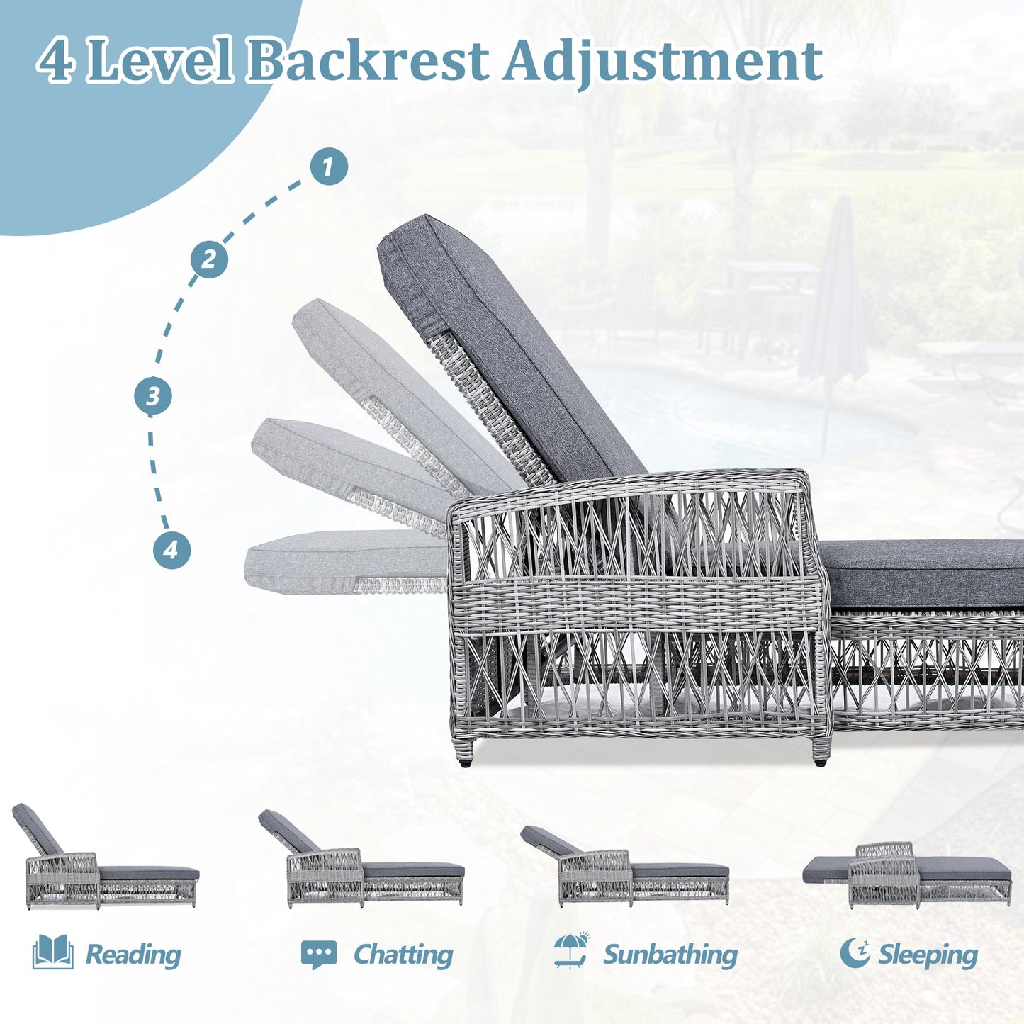GO Outdoor Long Reclining Chaise with Armrests and Cushions