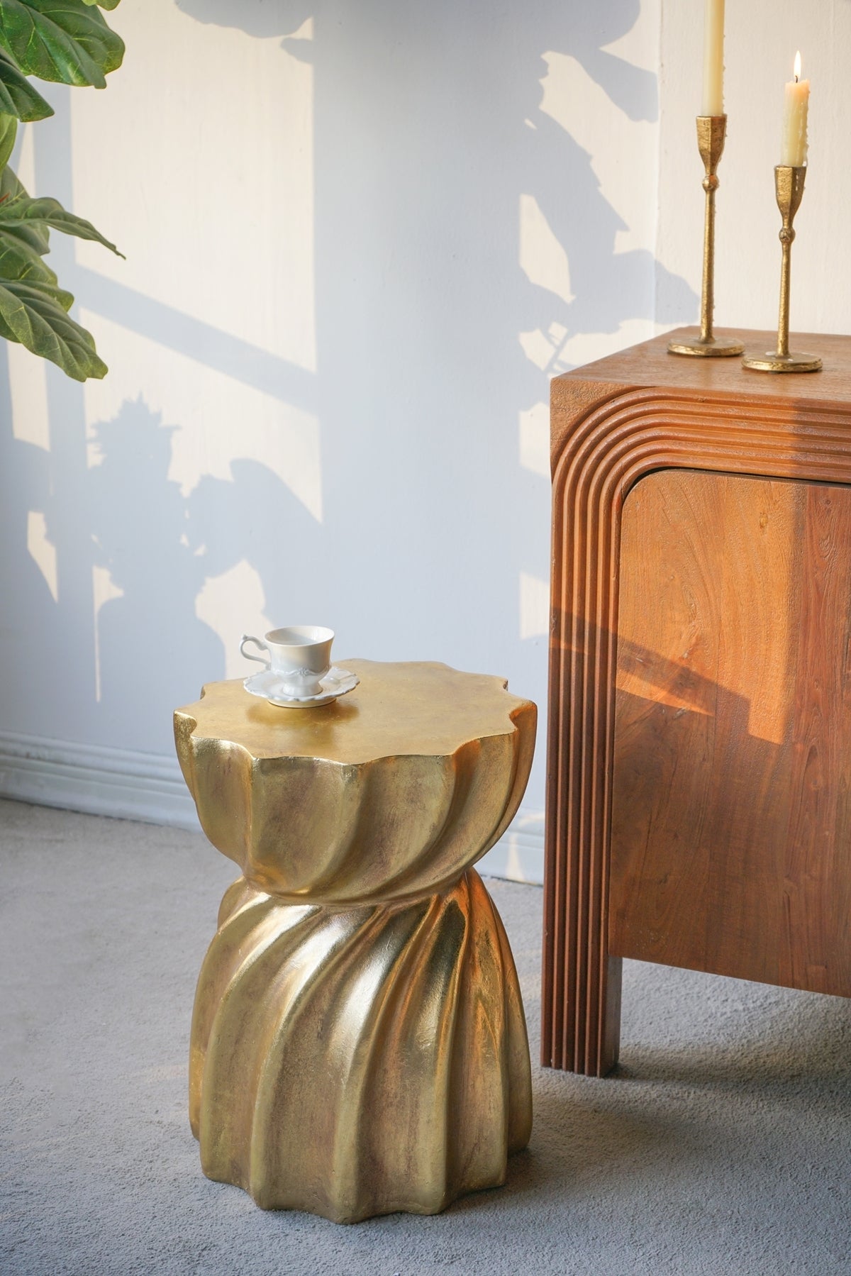 14x14x18.7 Gold Magnesium Accent Stool with Sculptural Swirl Design