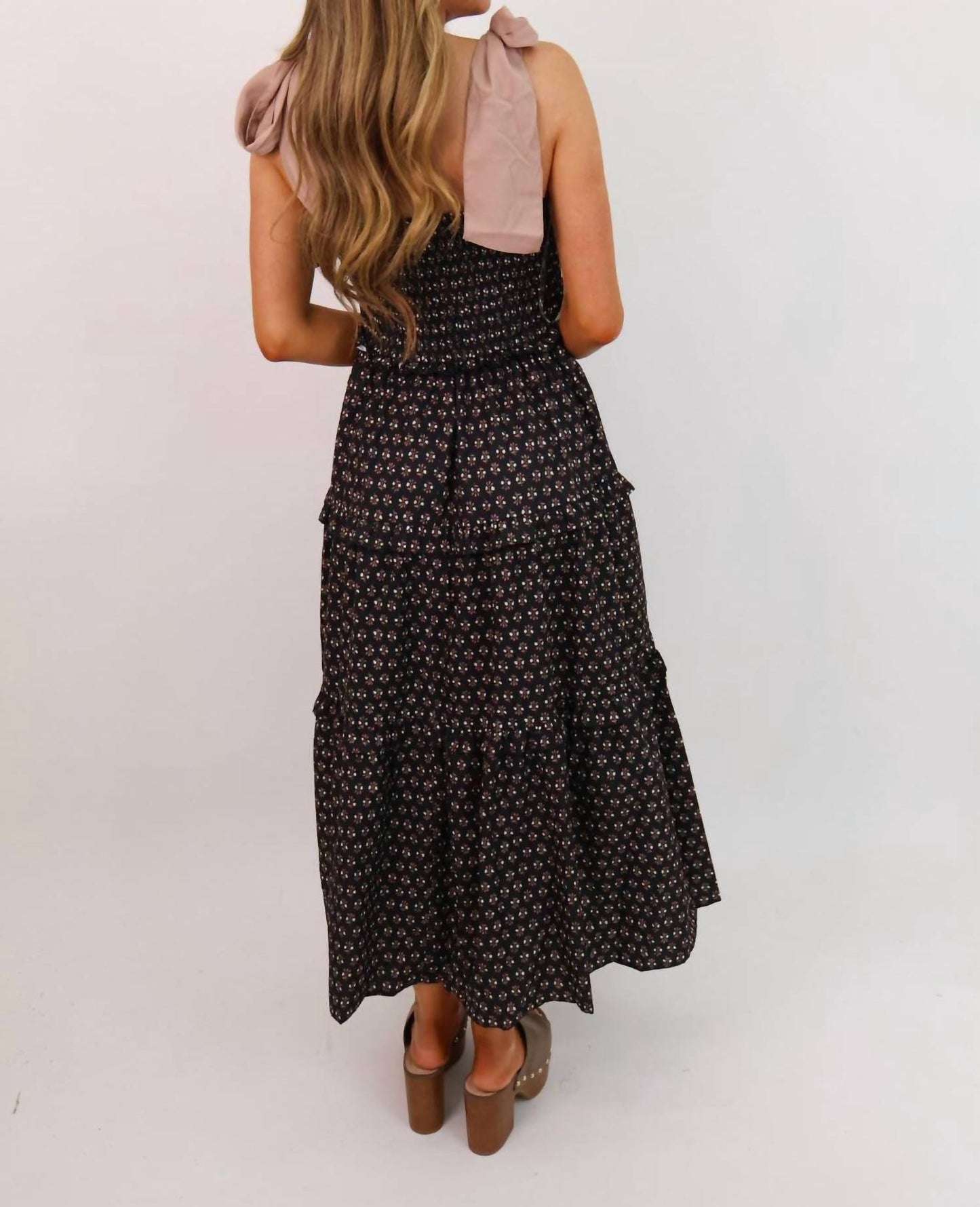 Entro - Floral Print Midi Dress With Pink Shoulder Ties