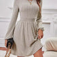 Smocked Round Neck Long Sleeve Knee Length Dress