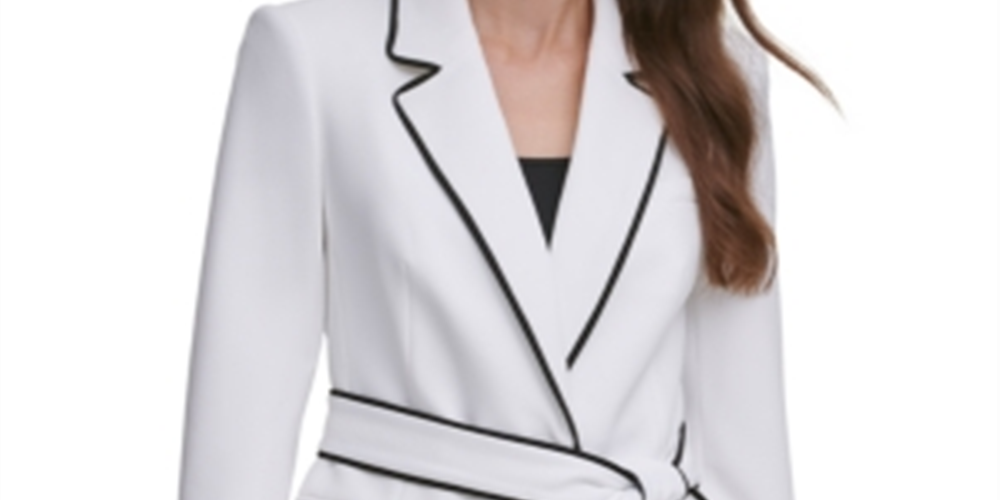 DKNY Women's Belted Contrast-Trim Blazer White Size 12