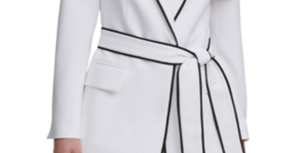 DKNY Women's Belted Contrast-Trim Blazer White Size 12
