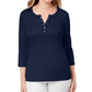 Karen Scott Women's Cotton Ruffle Trim Henley Top Blue Size Large
