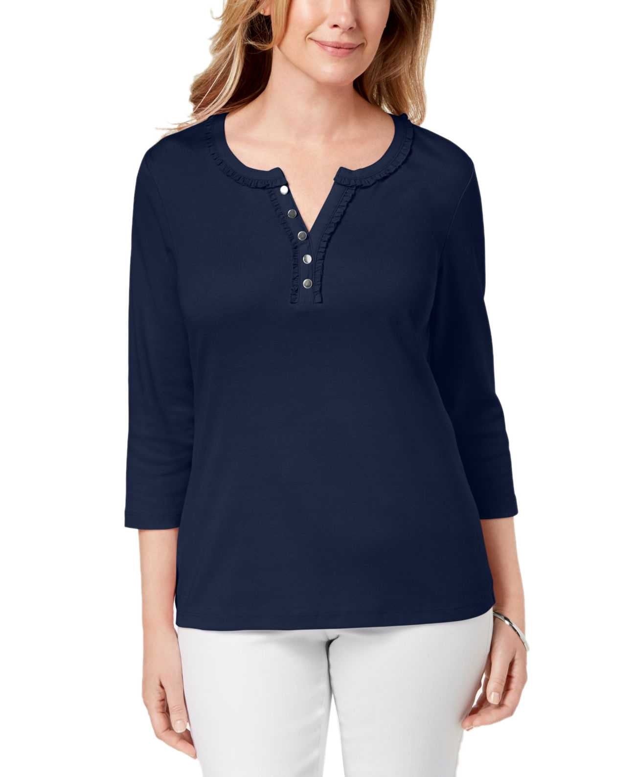 Karen Scott Women's Cotton Ruffle Trim Henley Top Blue Size Large