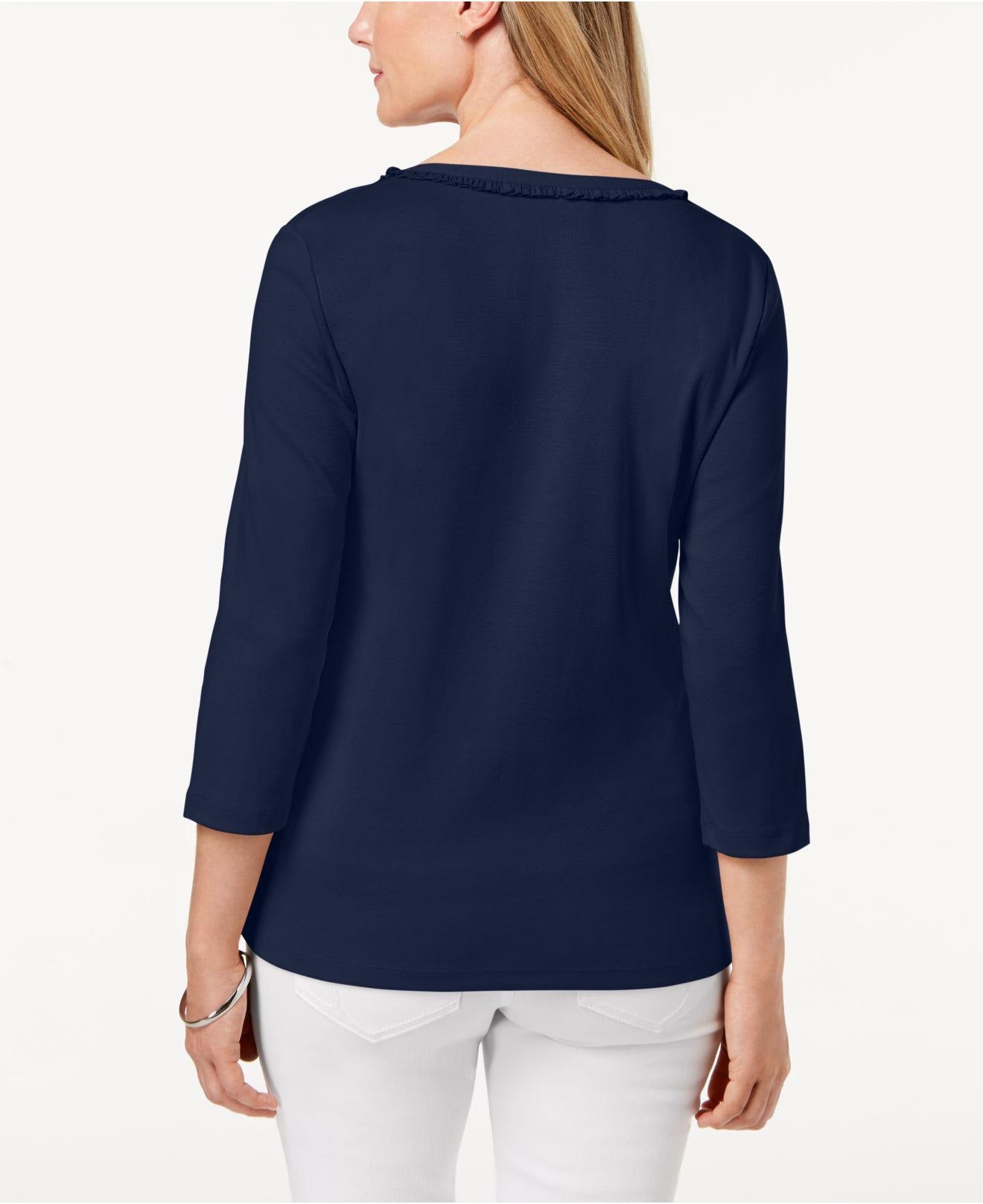 Karen Scott Women's Cotton Ruffle Trim Henley Top Blue Size Large