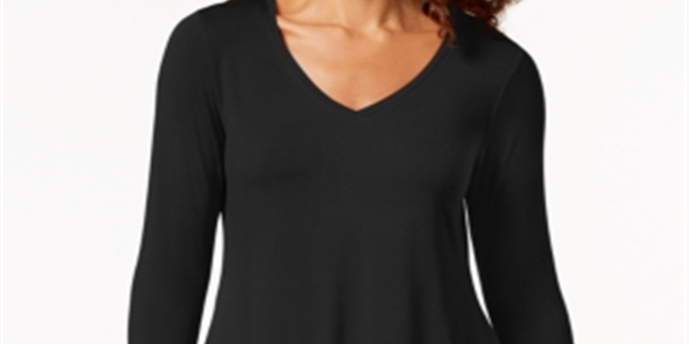 JM Collection Women's V Neck Handkerchief Hem Top Black Size Large