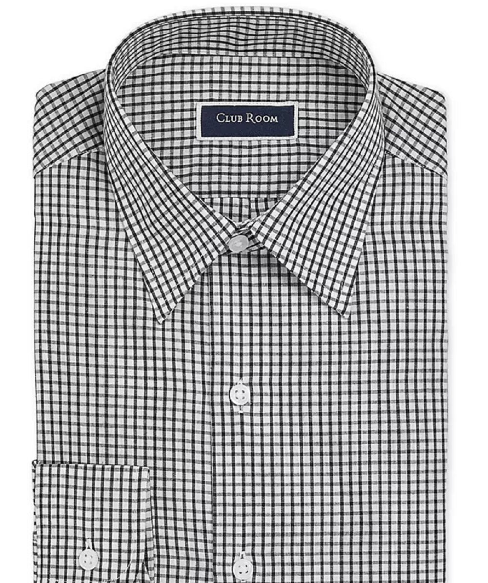 Club Room Men's Slim Fit Check Dress Shirt Black Size 18.5X34-35