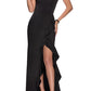 La Femme Flutter Slit Trumpet Gown in Black, Size 4