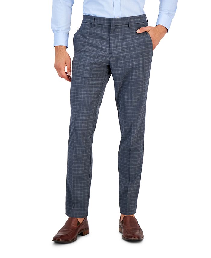 Perry Ellis Men's Essentials Slim Fit Plaid Dress Pants Gray Size 36X32