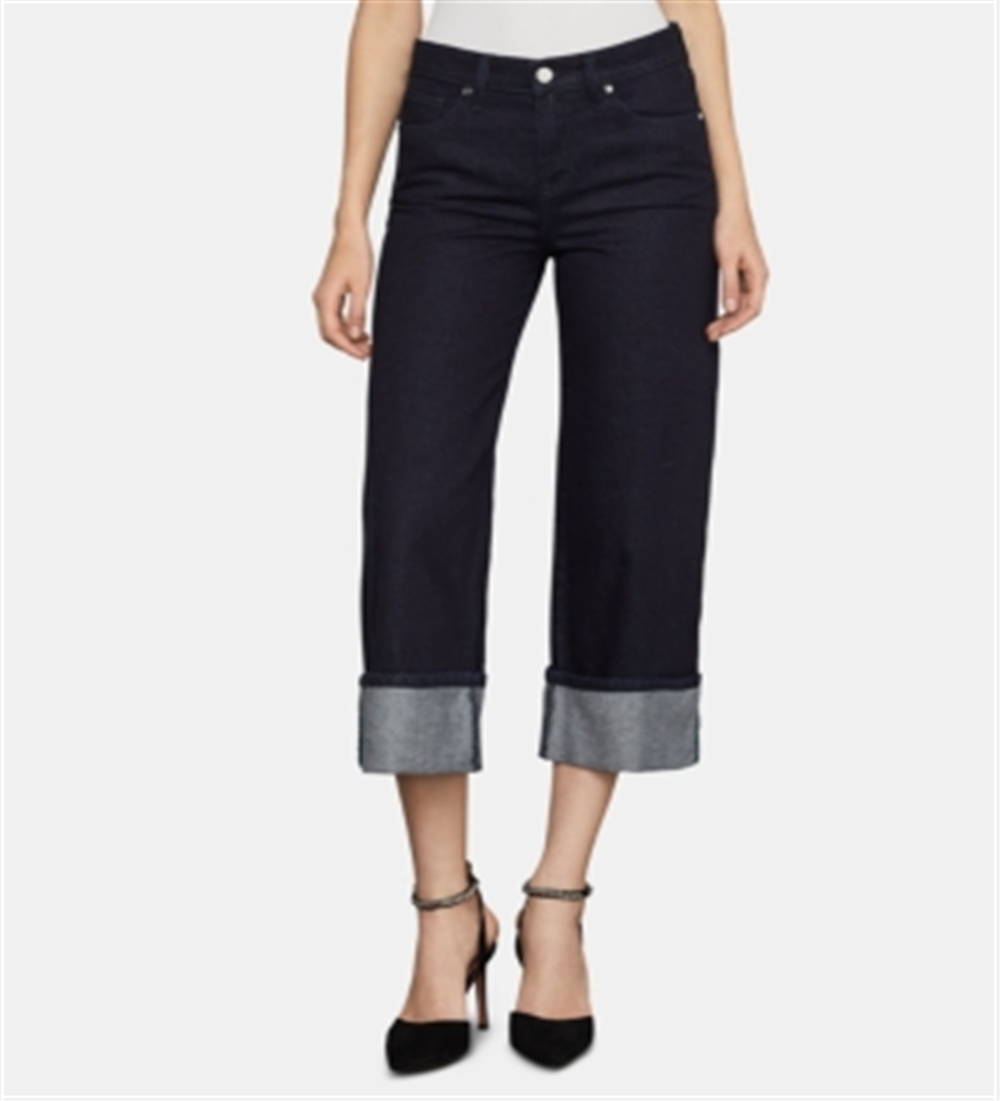 BCBGMAXAZRIA महिलाओं की कॉटन कफ्ड वाइड लेग जींस नीले रंग की, साइज़ 31