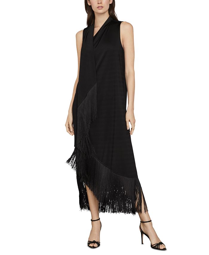 BCBGMAXAZRIA महिलाओं की फ्रिंज ट्रिम असीमेट्रिकल मैक्सी ड्रेस काली, साइज़ मीडियम
