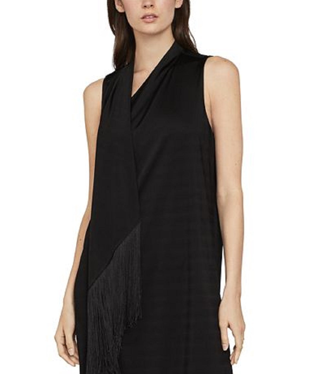BCBGMAXAZRIA महिलाओं की फ्रिंज ट्रिम असीमेट्रिकल मैक्सी ड्रेस काली, साइज़ मीडियम