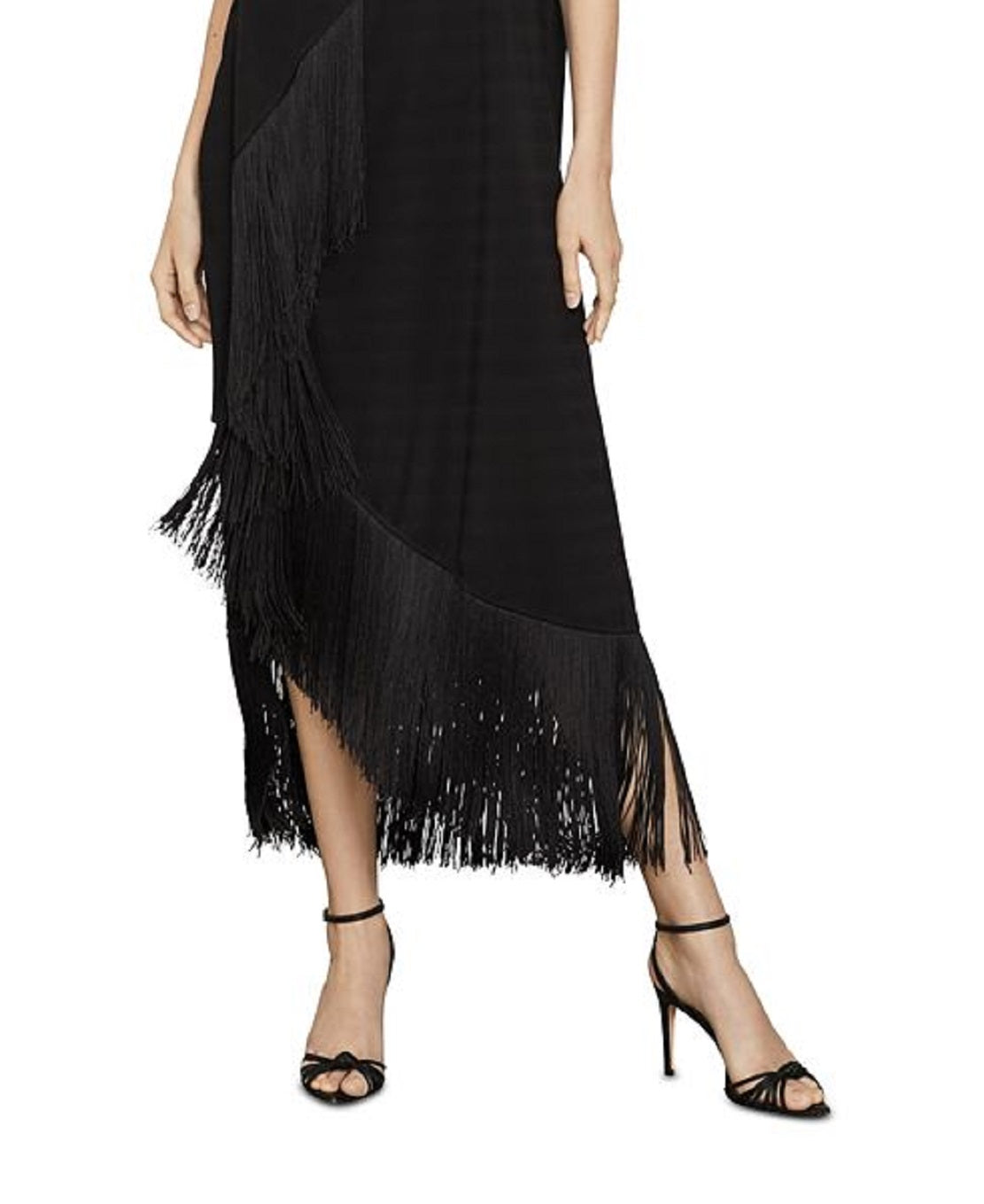 BCBGMAXAZRIA महिलाओं की फ्रिंज ट्रिम असीमेट्रिकल मैक्सी ड्रेस काली, साइज़ मीडियम
