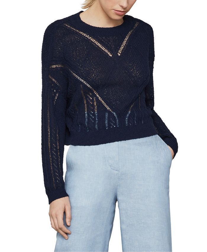 BCBGMAXAZRIA महिलाओं का ओपन-निट पुलओवर स्वेटर नीला साइज़ छोटा