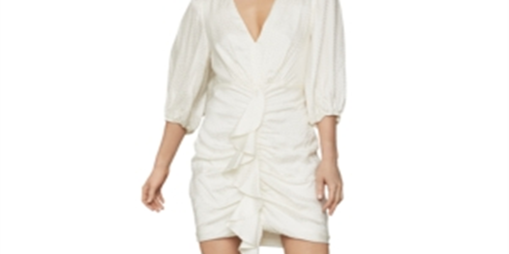 BCBGMAXAZRIA महिलाओं की बिंदीदार साटन रश्ड ब्लाउज़न स्लीव वी नेक मिनी ड्रेस सफ़ेद साइज़ 8
