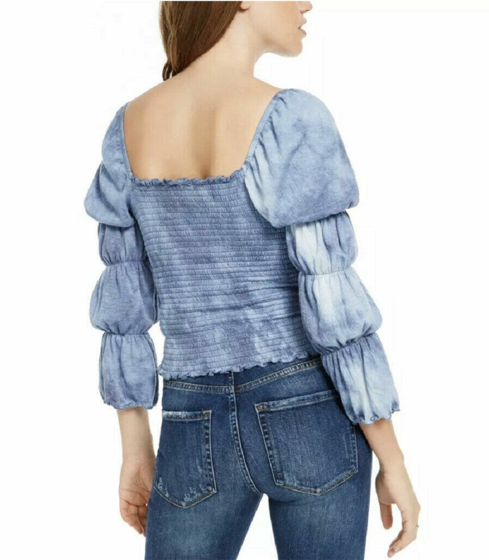Rewash Junior's Tie Dyed Smocked Ruffle TrimTop Blue Size Small